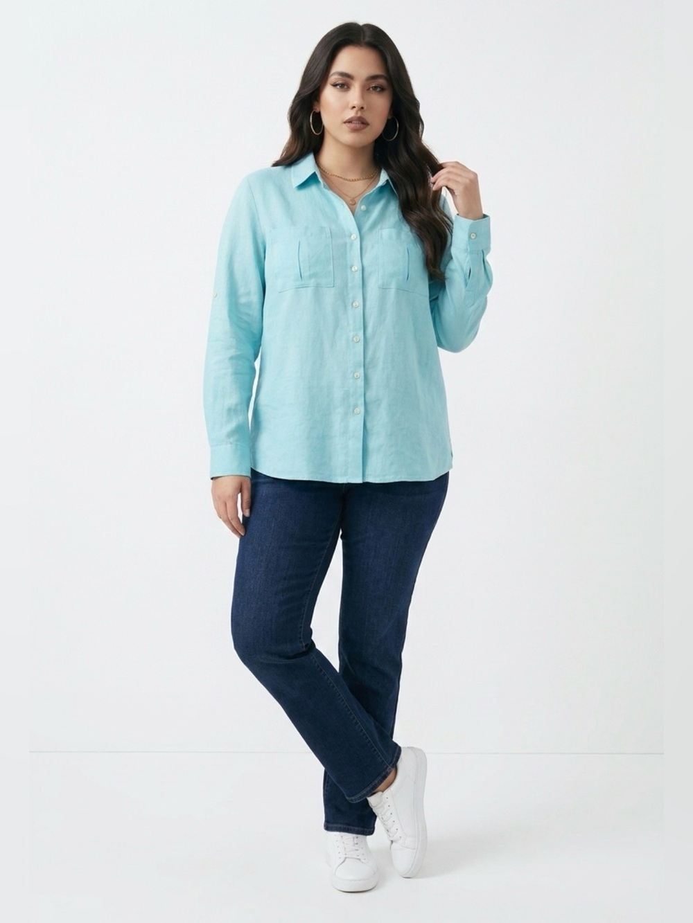 Investments Gold Label Hemp Button Up Shirt Tab Sleeves 12P Petite Teal